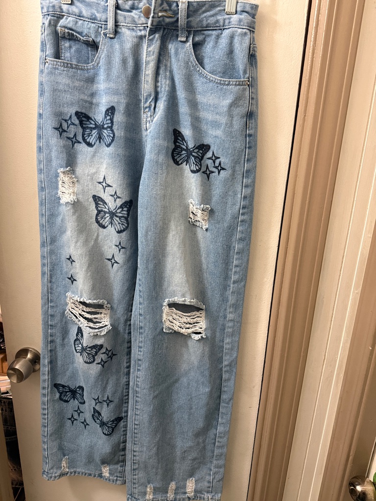 Light Wash Women's Jeans With Butterfly Print